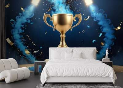 Shiny golden trophy placed on the podium floor, success concept, confetti falling from above, blue smoke and glow. Prize or reward for the winner and champion ceremony, contest triumph stadium stage Wall mural