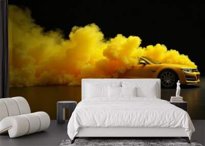 Yellow car with yellow smoke on a bright black background Wall mural