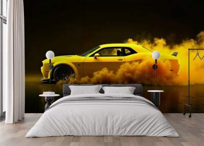 Yellow car with yellow smoke on a bright black background Wall mural