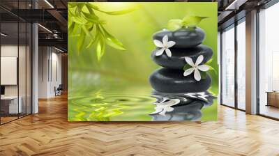 Spa still life, with white flowers on the black stones and bambo Wall mural