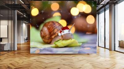 snail in a cap on the background of garlands, Christmas Wall mural