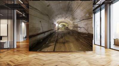 Gold iron mine ore shaft tunnel drift with rails underground Wall mural