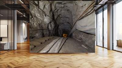 Gold iron mine ore shaft tunnel incline drift with rails underground Wall mural