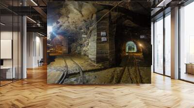 Gold mine underground tunnel with rails two ways Wall mural