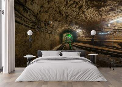 Underground gold iron bauxite ore mine shaft tunnel gallery passage with light and rails Wall mural