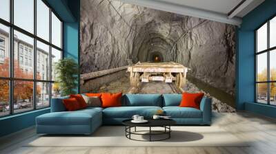 Underground gold mine shaft tunnel drift with rails and wagon Wall mural