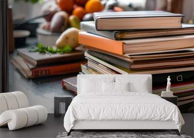 A stack of recipe books and cooking notebooks, showcasing culinary creativity and gastronomic exploration. Wall mural