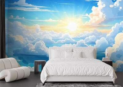 Anime cloud in blue heaven sky vector background. Summer abstract cloudy air design with gradient and sun light with reflection. Beautiful calm morning game outdoor panorama with sunshine painting  Wall mural