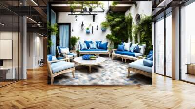 Beautiful outdoor patio or courtyard. Two cushioned chairs and a sofa - couch with blue and white pillows Wall mural