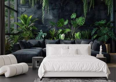 Black interior modern classic. A large black sofa, a sofa in expensive fabric, a green houseplant. Black dark room. Wall mural