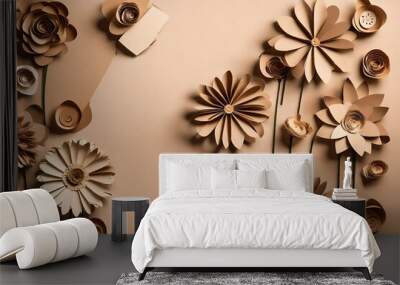 Cardboard flowers on beige background and copyspace Wall mural