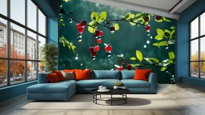 Fresh berry branch drops sweet dew upon nature generated by artificial intelligence Wall mural