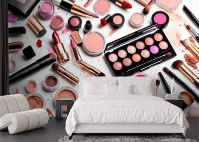 Makeup cosmetics tools background and beauty cosmetics, products and facial cosmetics package lipstick, eyeshadow on the white bac Wall mural