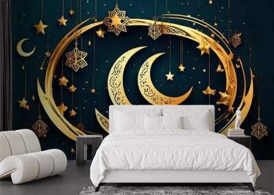 Ramadan lantern with crescent moon and podium as luxury islamic background. Decoration for ramadan kareem, mawlid, iftar, isra miraj, eid al fitr adha Wall mural