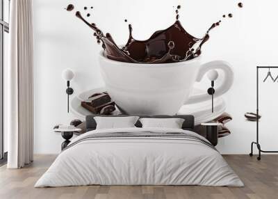 Side view of white coffee cup with dark chocolate splash, isolated on white, realistic liquid motion. Wall mural