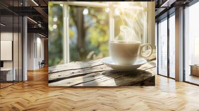 Steaming white cup on a rustic wooden table, window light creating a peaceful morning atmosphere. Wall mural