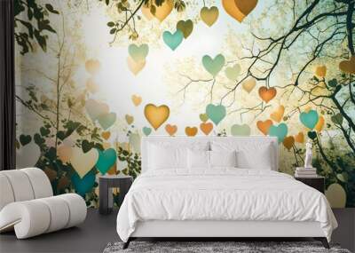 The nature background s color tones appeared blurred with the light and sky shining through the leaves The pastel color tones resembled a multicolored white hearts wallpaper giving off a vin Wall mural