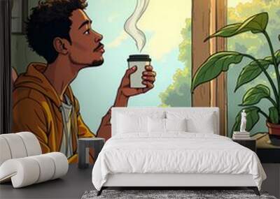 A man is sitting in a chair with a cup of coffee in front of him Wall mural