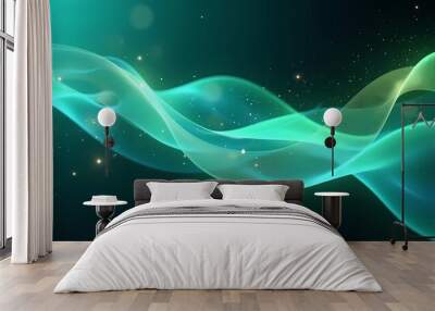 Dynamic Neon Teal and Lime Light Waves with Scattered Particles Wall mural