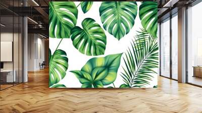 Watercolor Illustration of Tropical Monstera and Banana Leaves in Green Hues on Light Textured Background Wall mural