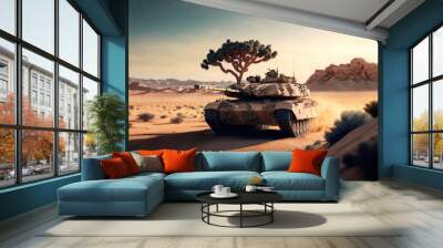 Powerful War Machine: Tank Navigating Desert Battlefield, Generative AI Wall mural