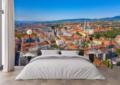 Aerial drone view of city centre on sunny summer day, Zagreb, Croatia Wall mural