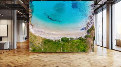 View of beautiful bay with blue turqoiuse sea on Mediterranean coast. Sailing destination. Summer vacation nackground with copy space. Vis island, Milna bay, Zaglav sandy beach. Seascape, cloudy sky Wall mural