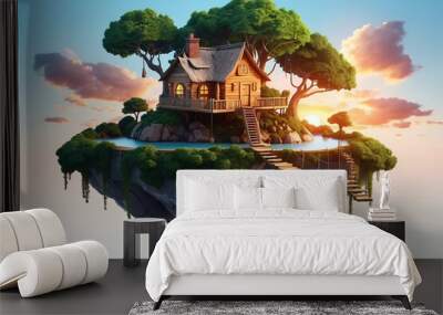 3d floating island and tree house Wall mural