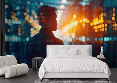 A lone figure stands silhouetted against a backdrop of vibrant city lights, evoking a sense of mystery and urban exploration. Wall mural