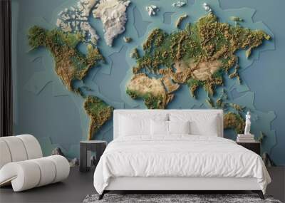 3D globe map illustration features detailed, isolated surface with relief. Map highlights countries, borders, oceans. Visual aid for geography, cartography studies, perfect for travel, educational Wall mural