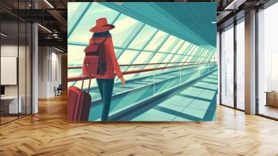 Air travel woman walks towards airport gate holding suitcase. Red jacket stands out against blue floors and white walls. Modern terminal features natural light from window. Wall mural