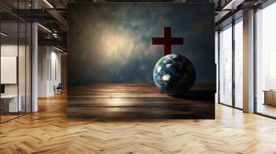 Christian cross on wooden floor with globe earth below. Symbol of faith, spirituality, and mission. Christian symbol, crucifix, worship, church, religious background. Wall mural