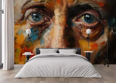 Close-up of a man face painted with oil paints in a realistic style. His features are calm and serene. The subject has a gentle, introspective expression. Wall mural