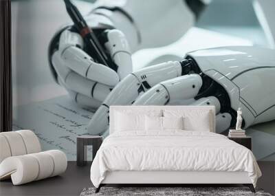 Cyborg robot writes poem on white paper with black pen. Close-up of robotic hand holding writing instrument in relaxed position. Blurred background highlights AI-generated text concept. Wall mural