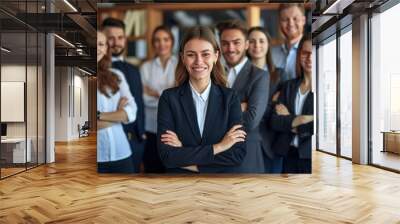 Group of young business professionals smiling confidently together. Woman with crossed arms stands out, surrounded by colleagues in office setting. Everyone looks happy, relaxed in professional pose. Wall mural