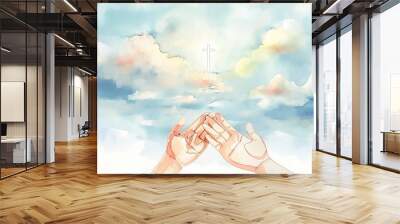 Hands raised in prayer against a soft blue sky with white clouds. A stylized cross is visible, symbolizing faith and spirituality. The illustration conveys hope and belief. Wall mural