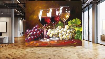 Illustration of still life with wine glasses, grapes in oil painting style. Red, white wine glasses sit on wooden table surrounded by green leaves, few grapes. Artwork features bright colors, Wall mural