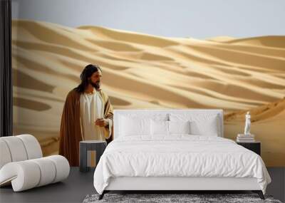 Jesus Christ stands in desert landscape with sand dunes in the background. He is shown praying, hands clasped together, with a look of devotion on his face. Wall mural