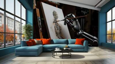 Metal robot hand paints woman portrait on canvas. Realistic art created with brush strokes by artificial arm. Dark background and wooden easel add authenticity to scene. Wall mural