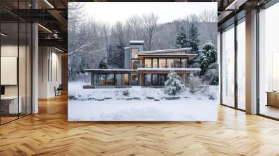 Modern house surrounded by nature in snowy winter landscape. Beautiful building with exterior view of snow-covered trees and green plants. Cold season scenery with ice and snow. Wall mural