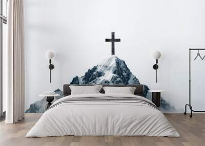 Mountain peak landscape with a white background featuring a cross symbol on top. A silhouette of a person praying in the foreground, surrounded by clouds and light. Wall mural