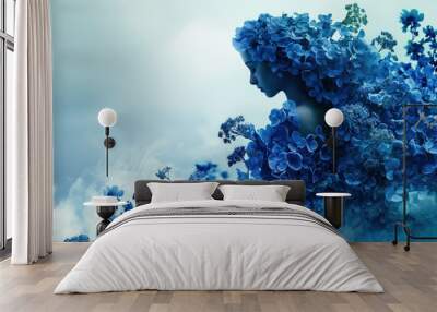 Stunning woman full-body shape made of blue flowers against natural background with perfume concept. Center composition artistic photo in 3 2 aspect ratio. Wall mural