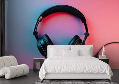 Wireless headphones with built-in microphone on colorful background. Earbuds have flat design, suitable for broadcasting, recording, and podcasting. Retro-style audio equipment for professional use. Wall mural