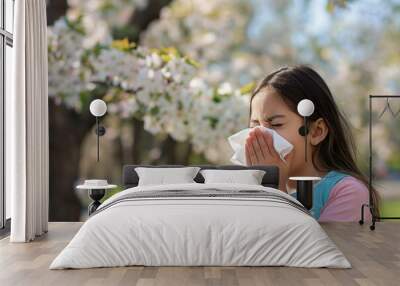 Young caucasian girl with handkerchief covers nose. She sneezes amidst blooming cherry and plum trees in a park. The blurred background highlights her facial expression and allergy symptoms. Wall mural