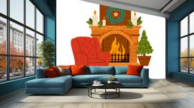 Cozy interior with Christmas tree and fireplace. Warm winter evening. Room with fireplace, red armchair and a Christmas wreath.  Wall mural