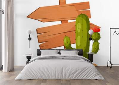 Wooden sign in flat style. Template for text. Wooden arrow indicating direction with cactus. Travel, road. Wall mural