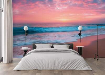 A beautiful sunset or sunrise in soft pastel colors on an exotic sandy beach. Summer holidays in paradise concept. Generative AI. Illustration Wall mural