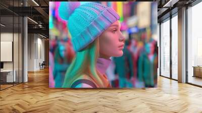 a young blonde girl wearing an elegant jacket and a lilac wool hat, is window shopping in the street Wall mural