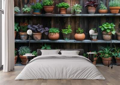 herbs and spices aligned in pots on wooden shelves against wooden wall Wall mural