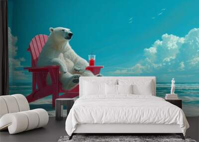 polar bear is sitting on pink plastic chair on the beach and enjoying a refreshing cold drink. Surreal concept for summer holidays. Generative AI Wall mural